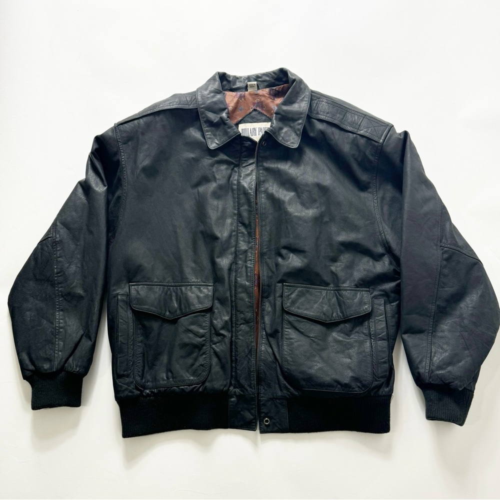 🪩 275. HILLARY‎ PAIGE | Mens Large black matte leather bomber jacket Vintage